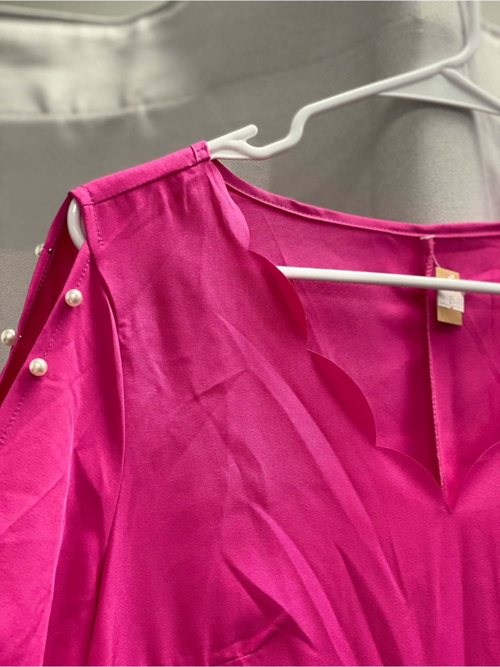 Hot Pink Cold-Shoulder Shift Dress with Pearl Accents - Picture 3 of 4